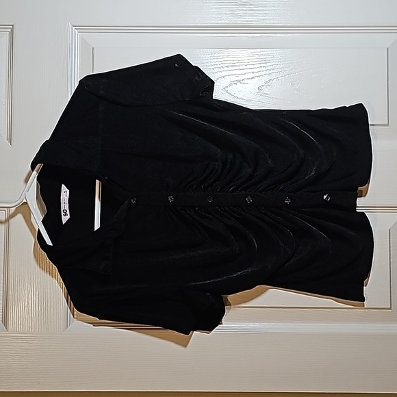 SO Black Short Sleeve Button Up Rouched Silky Semi Sheer Top Size XL - Picture 1 of 5